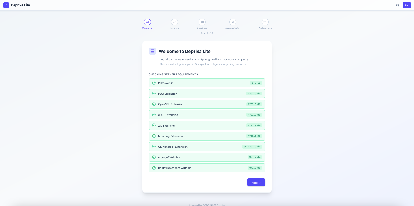 Step 1 — Requirements check screen showing all PHP extensions and permissions verified