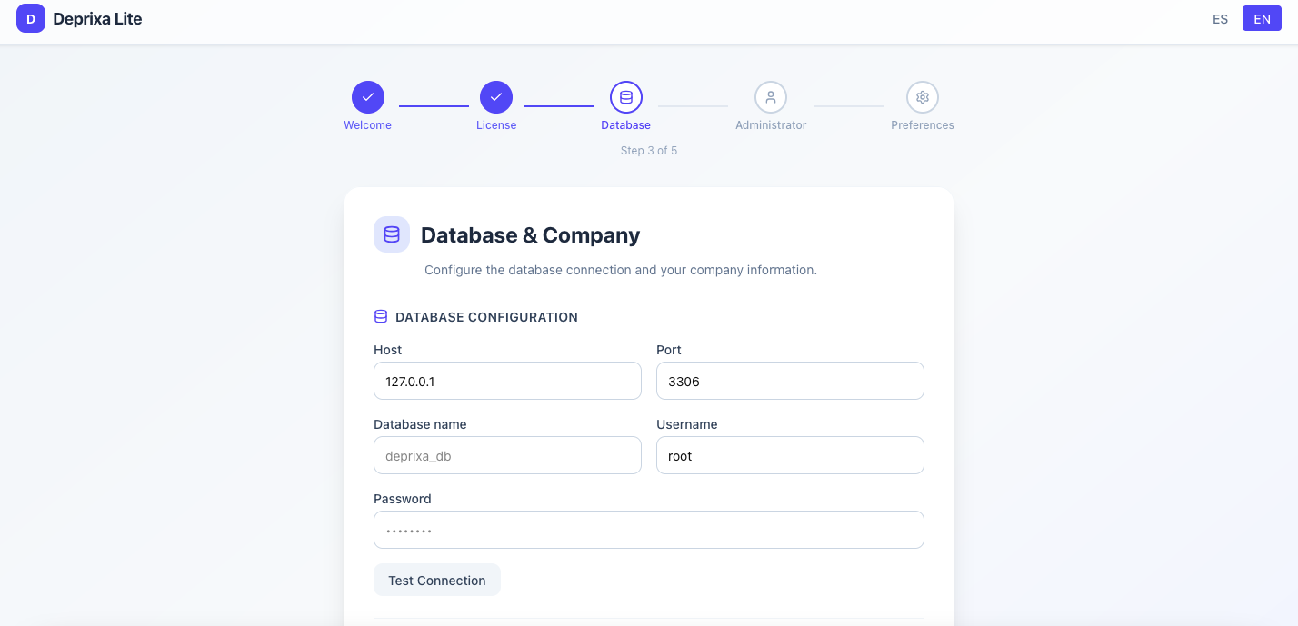 Step 3 — Database configuration and company information form