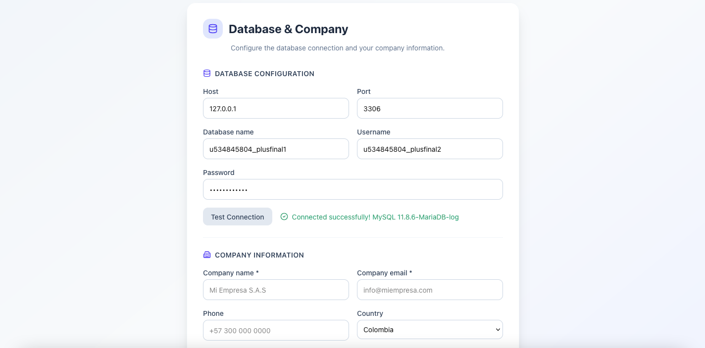 Step 3 — Database connection test successful confirmation
