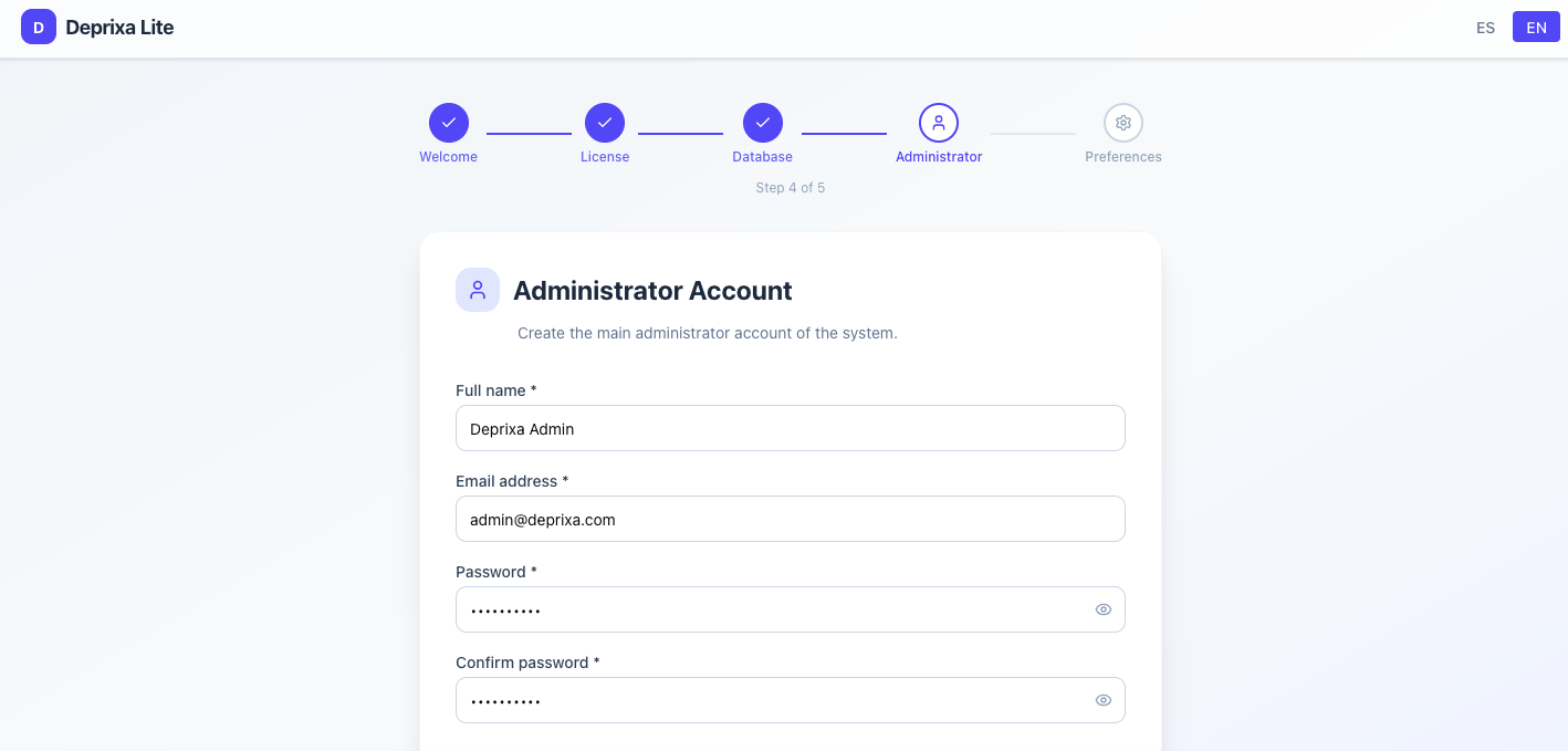 Step 4 — Admin user creation form with name, email, and password fields