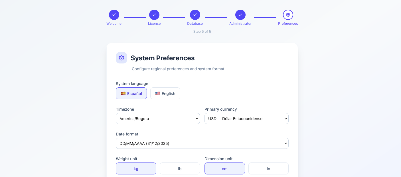 Step 5 — System preferences with language, timezone, currency, and unit selections